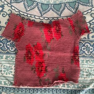 over the shoulder flower printed top